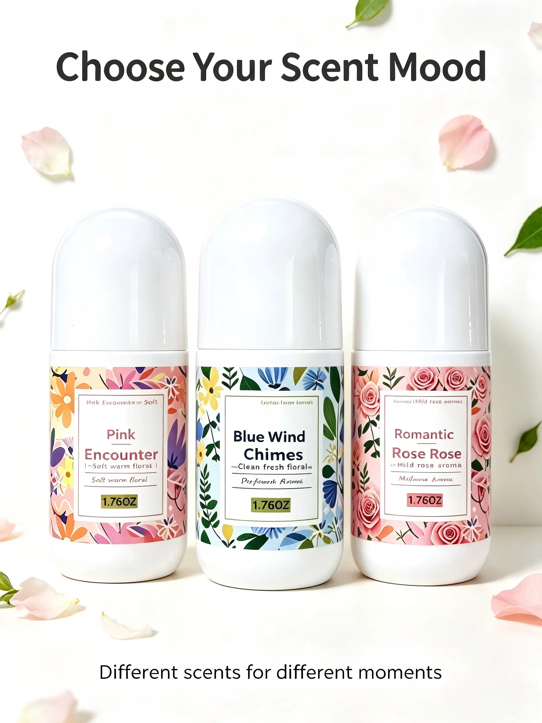 3 Pack Floral Roll-On Body Deodorant Set for Women, Pink Encounter / Blue Wind Chimes / Romantic Rose Refreshing Fragrance Deodorant, 1.76oz Each Daily Personal Care