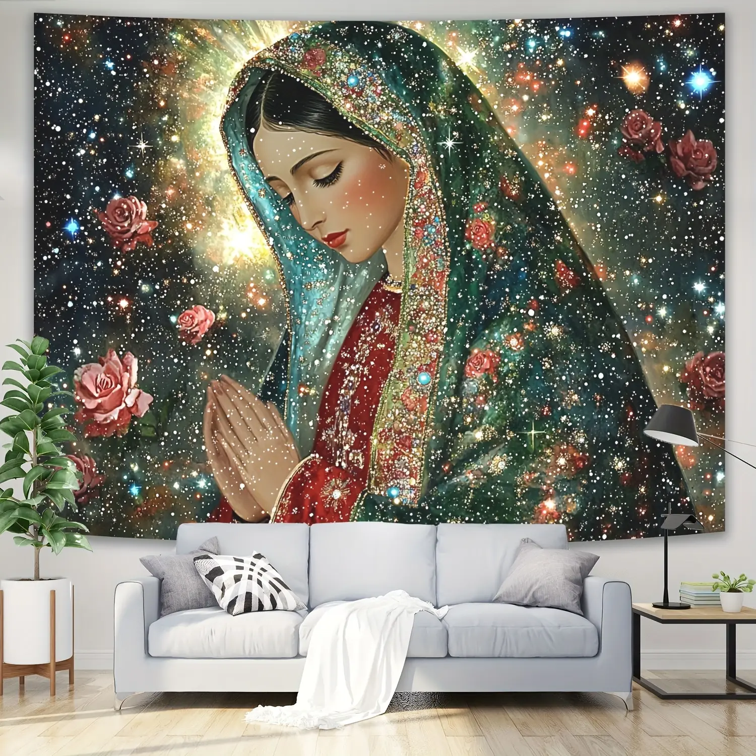 Vibrant Embroidery Guadalupe Tapestry - Synthetic Polyester Herringbone Wall Hanging with Starry Night, Rose Designs, Ideal Room Art for Living Rooms, Bedrooms, Decor Inspo Creative Gift, Other, Hangable