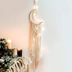 Macrame Dream Moon Catcher Wall Hanging Handmade Woven décor with string light