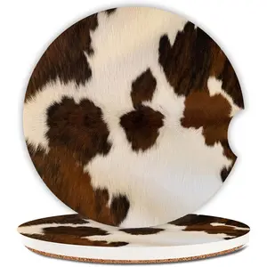 Absorbent Car Coasters 2 Pack for Women/Men,Cow Hide Car Coaster for Drinks,Ceramic Stone Car Cup Holder with A Finger Notch,Farm Animal Brown Cowhide Skin Print Cow