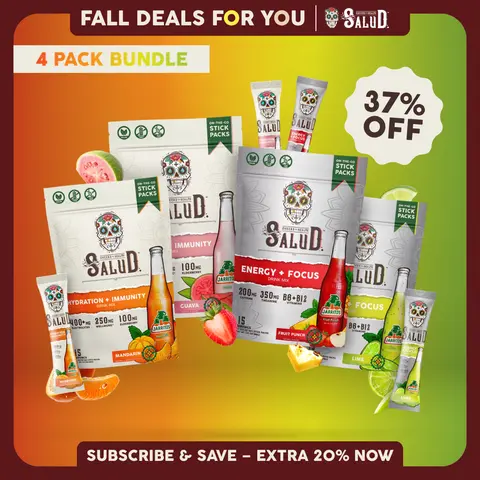 Salud x Jarritos 2-in-1 [Daily Wellness All-In-One] Agua Fresca Drink Mix Variety Pack, Energy + Focus & Hydration + Immunity, Organic Caffeine, Electrolytes, Elderberry, Non-GMO, Vegan (4-Pack, 60 Servings)