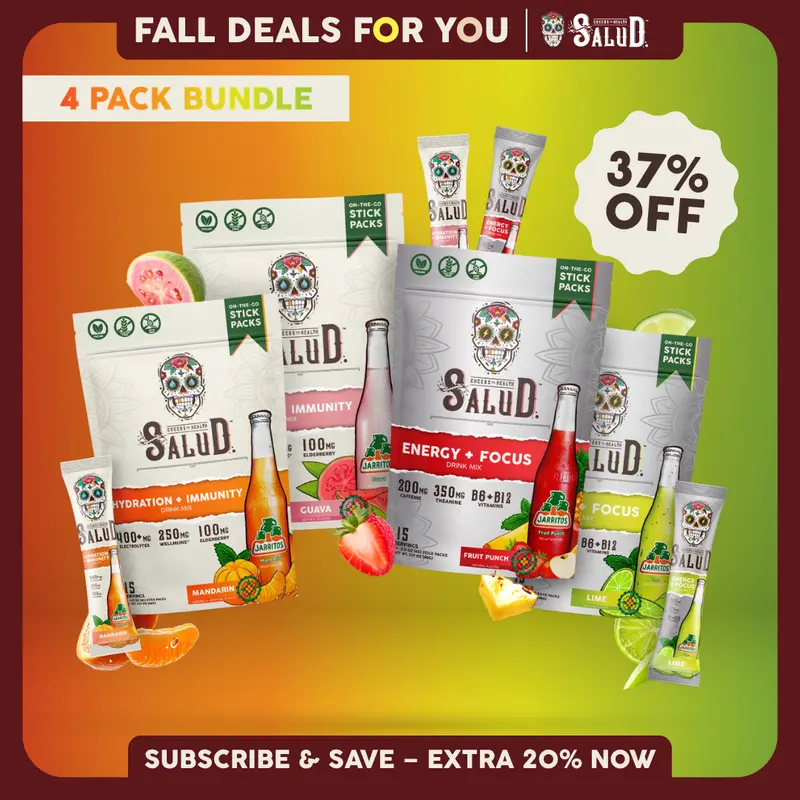 Salud x Jarritos 2-in-1 [Daily Wellness All-In-One] Agua Fresca Drink Mix Variety Pack, Energy + Focus & Hydration + Immunity, Organic Caffeine, Electrolytes, Elderberry, Non-GMO, Vegan (4-Pack, 60 Servings)