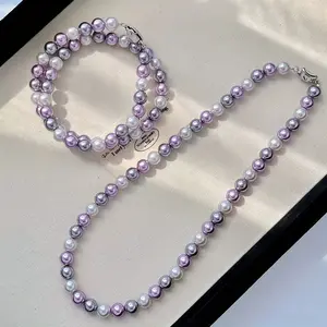 8Mm PERFECT ROUND Strong Luster Tahitian Gradient Colorful Purple Mixed Candy Color Pearl Necklace