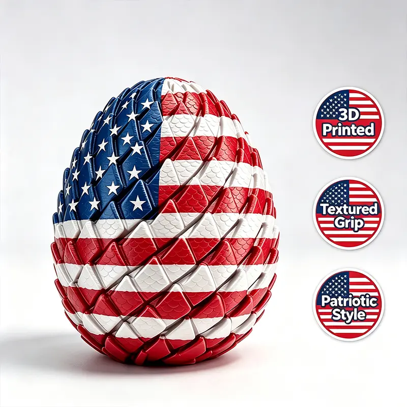 3D-printed "dragon scale" slime egg featuring an American flag pattern; an articulated dragon egg ornament suitable for use as a desktop decoration, display piece, birthday or holiday gift, or collectible novelty item.