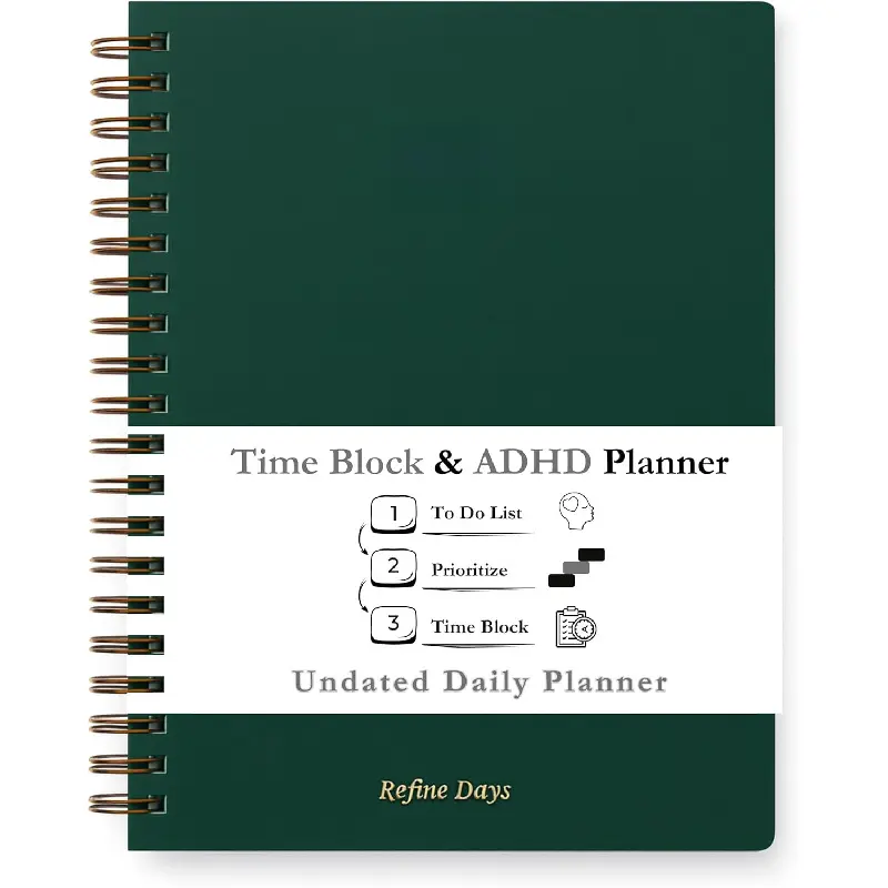 A4 Undated Daily Planner - Spiral Linen Cover, ADHD Productivity Planner, 3-Step Method, Hourly Time Blocking Schedule, To Do List, Monthly Agenda, Flexibility, Time Management Office Stationery, Adhd Planner, 3-Step Productivity Method