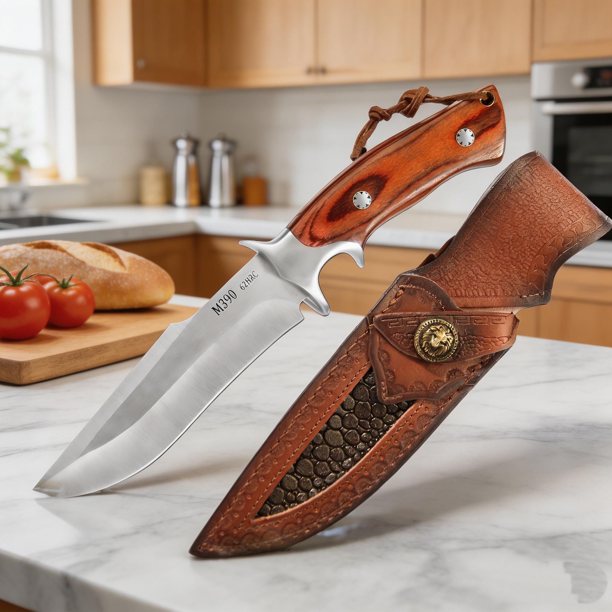 Premium Fruit Paring Knife with Genuine Leather Sheath, Stainless Steel Blade, Wood Handle for Kitchen & Outdoor