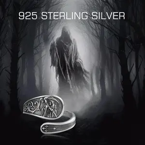 S925 Mother's Day Sterling Silver Santa Muerte Spoon Open Ring, The Goth Grim Reaper Adjustable Ring, Vintage Gothic Skull Jewelry, Halloween Christmas Gift