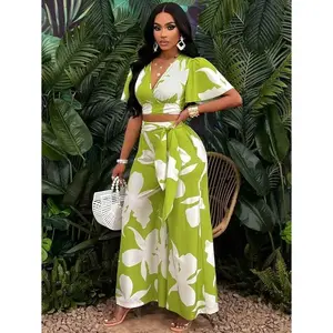 Short Tropical Print Pleated Butterfly Sleeve Shirt and Wide Leg Trousers with Tie Womenswear Clothes Summer Outfits Set Chic