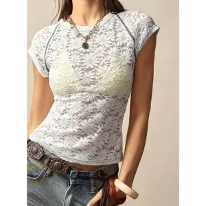 Bohemela Women's Casual Solid Color Knit Lace Round Neck Blouse Bohemian Style Trendy Outfit for Everyday Wear