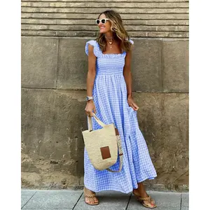 Women's Retro Plaid Smocked Dress Spaghetti Strap Flounce Long Casual Sleeveless Flowy Evening Fashion Basic with Pockets Womenswear Cute Elegant Sky SpringStatements