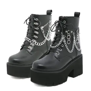 Women's chain strap, decorative nail, motorcycle combat short boots, round toe, side zipper, black Gothic boots, gift