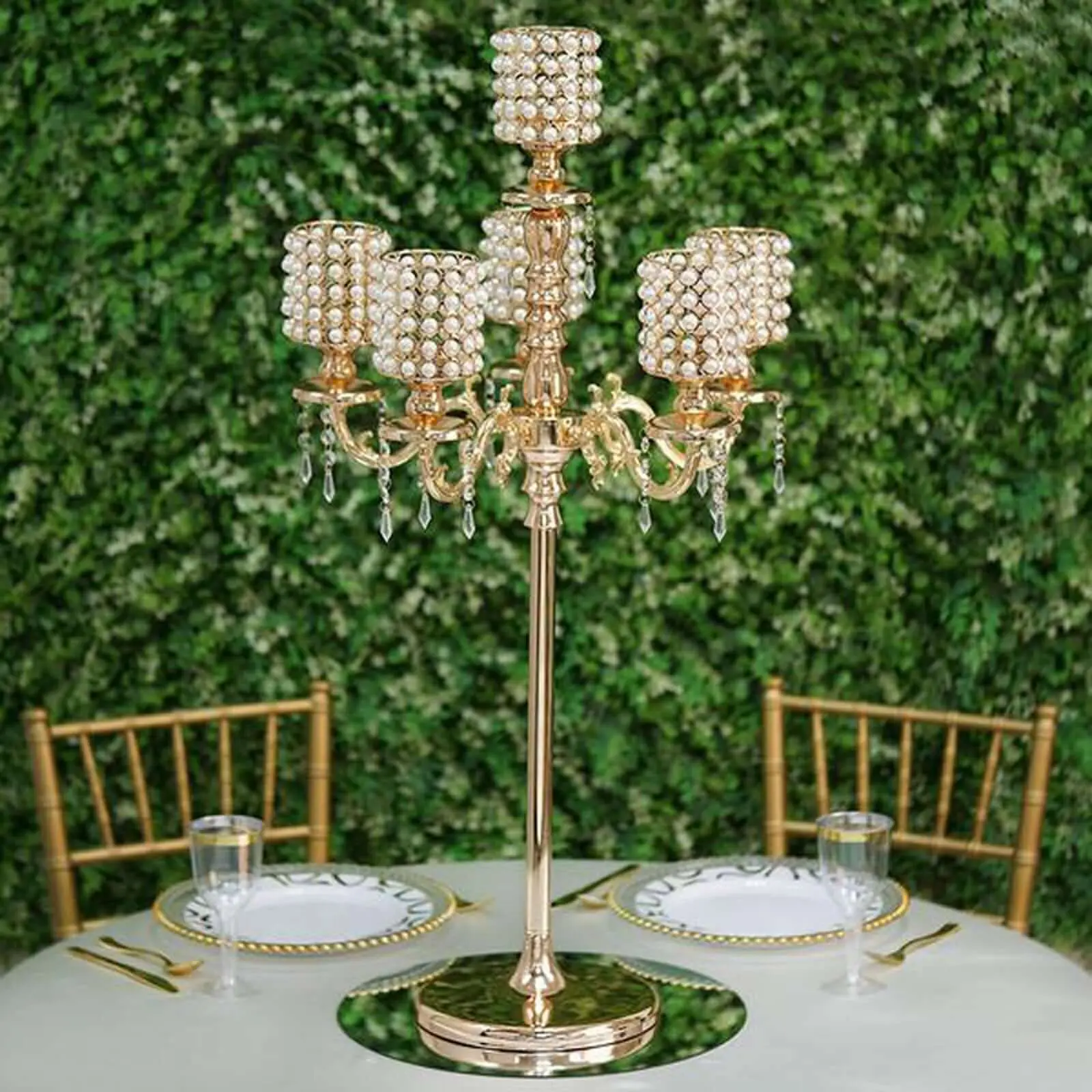 Gold 6-Arm Metal Pearl Beaded Multi-Arm Candelabrum with Crystal Chandelier Pendants, Adjustable Unassembled Base Table Centerpiece for Candle Lights, Entryways