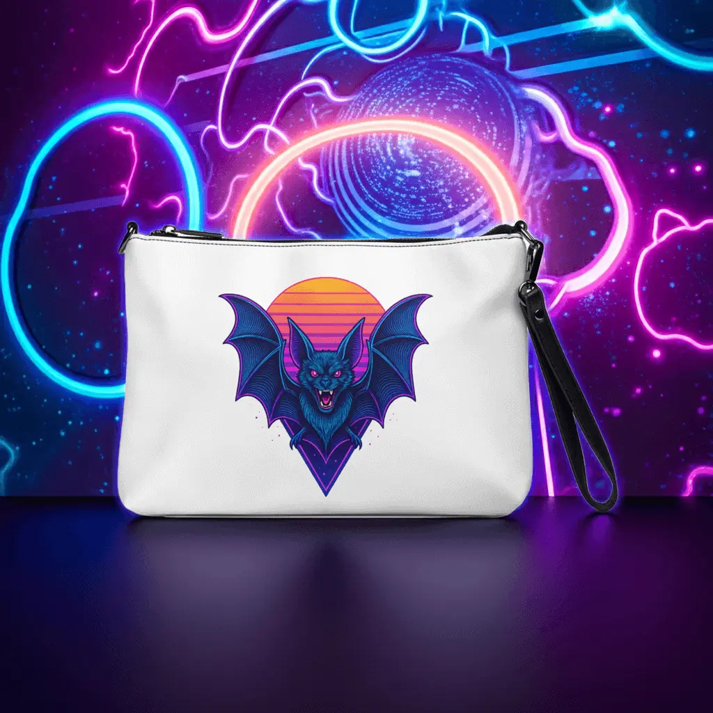 Neon Bat Crossbody Bag Retro Synthwave Faux Leather Purse with Gothic Design & Zip Closure for Adults & Teens Adjustable Straps 11x8x1.5 Inches