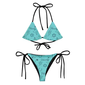 Turquoise Western Cowgirl Print Triangle Bikini Set For Women Adjustable String Two Piece Swimsuit Halter Top Tie Side Bottom Cute Summer Beachwear Vacation Pool Party Bathing Suit