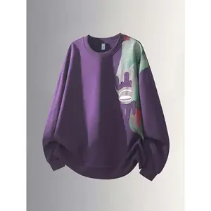 Men's Japanese street tie dye oversized round neck sweatshirt - soft purple heat transfer printing art, spring and autumn casual pullover, hand washable, neutral design, suitable for daily and outdoor wearRAIMENTRY