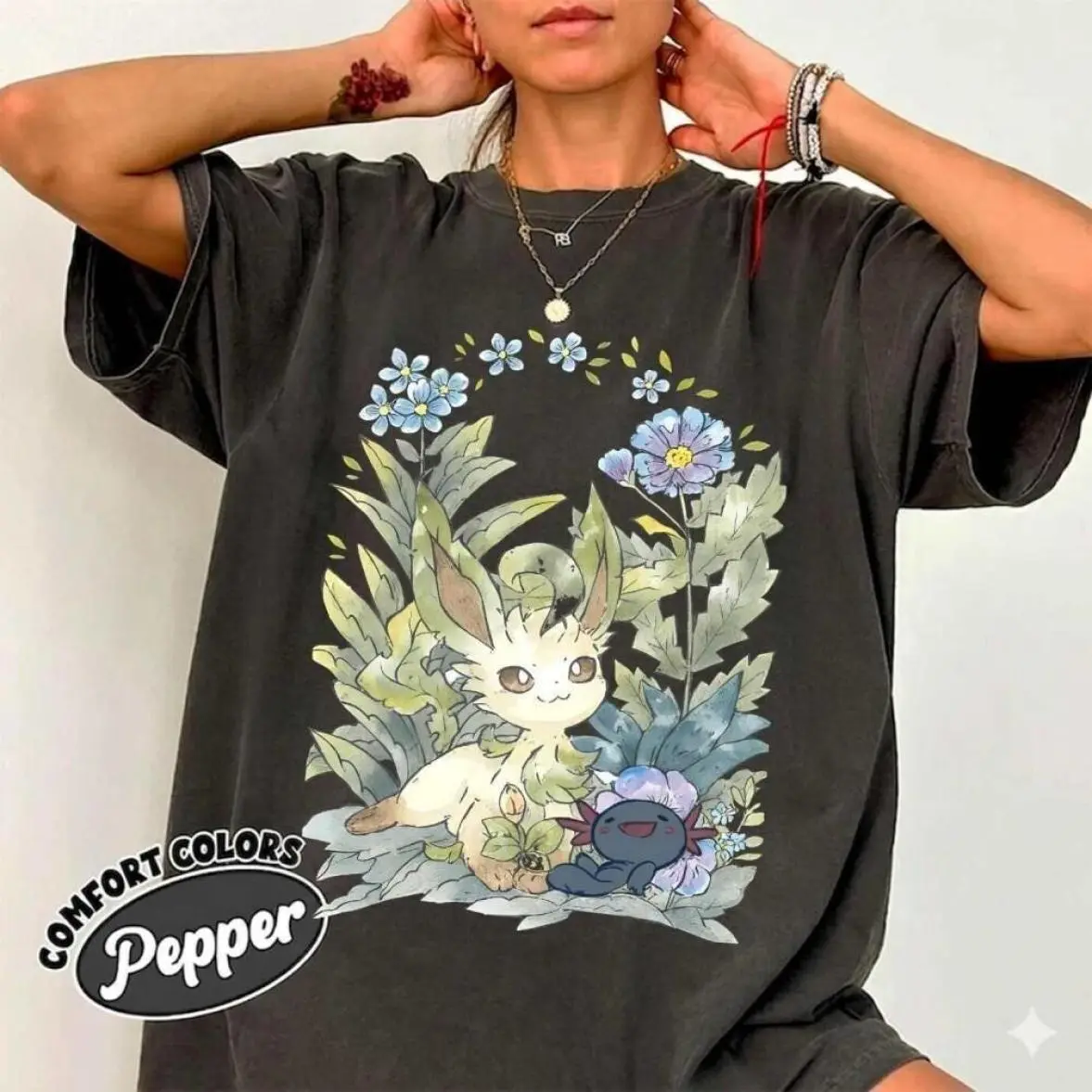 Leafeon and Wooper Floral Shirt, Botanical P0kemon Tee, Cute Nature Creature Graphic, Cottagecore Anime Gift, Unisex Shirt, Everyday Wear, No Fuss Style, Classic Cuts, Always On Point