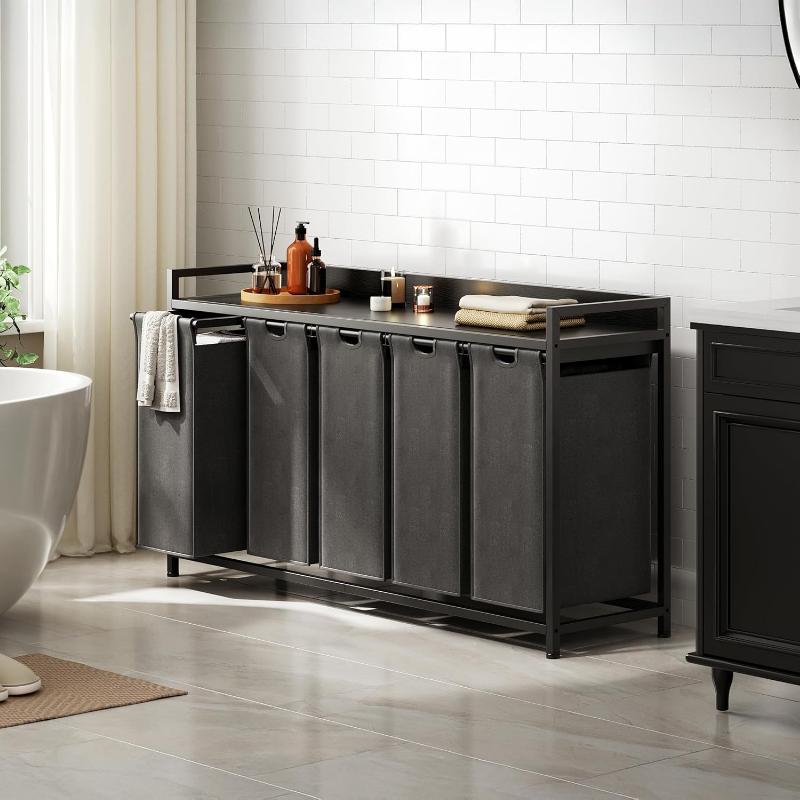 Laundry Hampers with Shelf, Laundry Basket 3 Section, Laundry Sorter with Pull-Out Removable Large 3 Color Bags and Movable Wheels, Metal Frame, 3 x 15.87 Gallons (60L), Rustic Brown PF04XLN