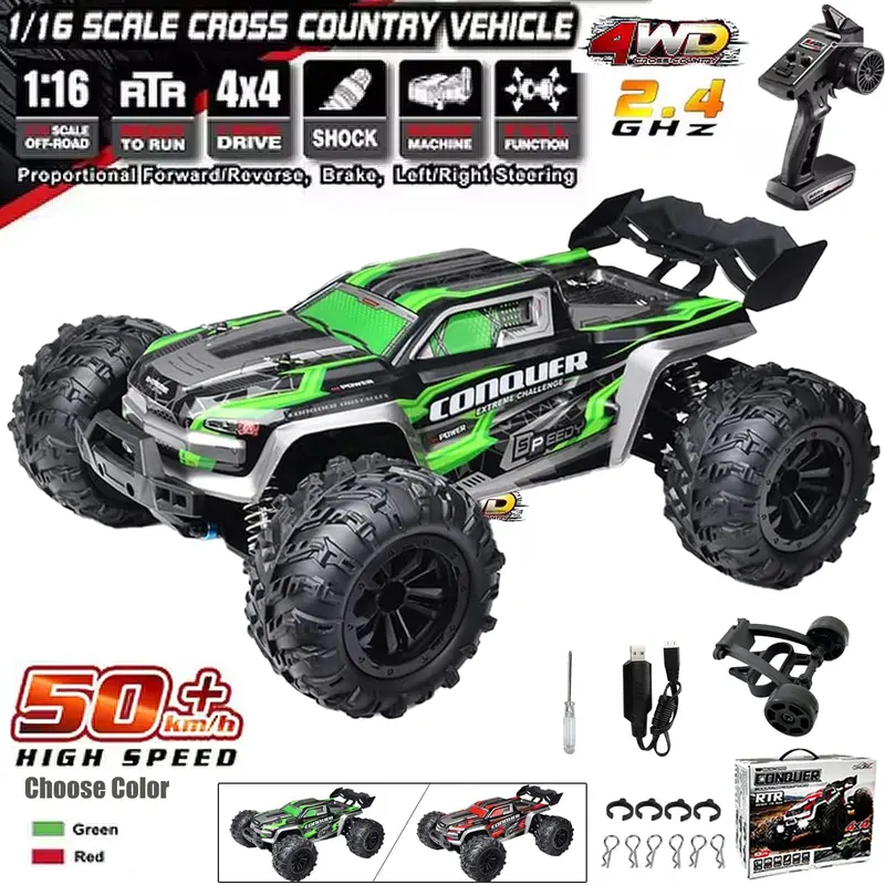 1:16 Full Scale RC Cars, 50 km/h 4WD Off-Road RC Truck with LED Front Lights and Rechargeable Batteries, High-Speed Drift Monster Truck, Perfect Birthday Gift for Kids Aged 8 and Up Remote Control Crawler Remote Control Kart