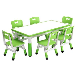 Height Adjustable Table Preschool Activity Desk  and 6 Chairs Set - Preschool Activity Desk with Durable Graffiti-Resistant Surface - Non-Slip Legs - Arts & Crafts, Study area, Daycare or Home, Ages 2-10, Max 300lbs, Khaki