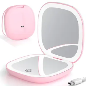 Rechargeable LED Makeup Mirror with Adjustable Brightness Dimmable Vanity Mirror Touch Sensor Portable Ideal for Selfie & Makeup Routine Pink