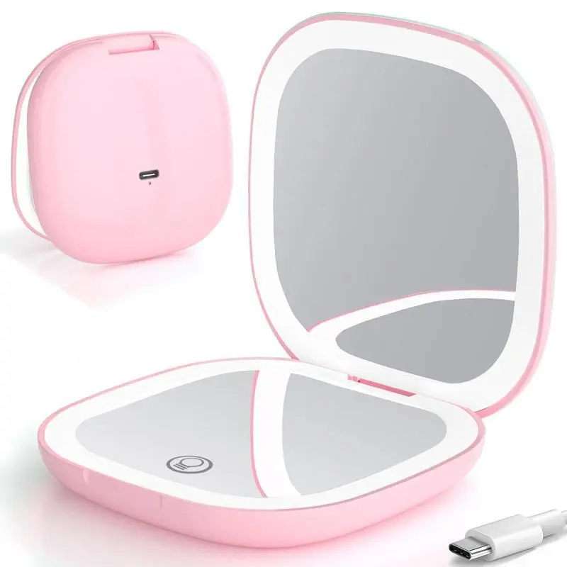 Rechargeable LED Makeup Mirror with Adjustable Brightness Dimmable Vanity Mirror Touch Sensor Portable Ideal for Selfie & Makeup Routine Pink