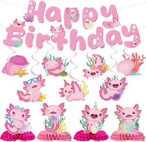 Axolotl Birthday Party Decorations - 12 PCs Pink Cute Cartoon Animals Happy Birthday Banner Ceiling Hanging Swirls Streamer Decor Table Honeycomb Centerpieces Favors for Kids Girls Backdrop