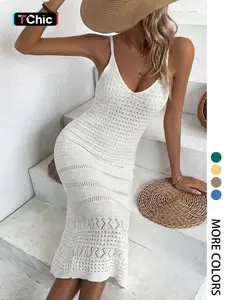 Women's Elegant V-Neck Sleeveless Long Dress, Casual Chic Summer Fashion, Split Thigh Design, Plain Pattern, Fitted Beachwear