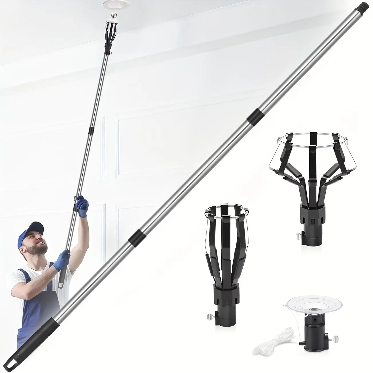 Ceiling Stainless Steel Bulb Replacement Kit, Versatile Telescopic Design Long Rod with Safety Suction Cup, Ideal for Indoor/outdoor Use, Quick Change Easy Bulb Changing Tool