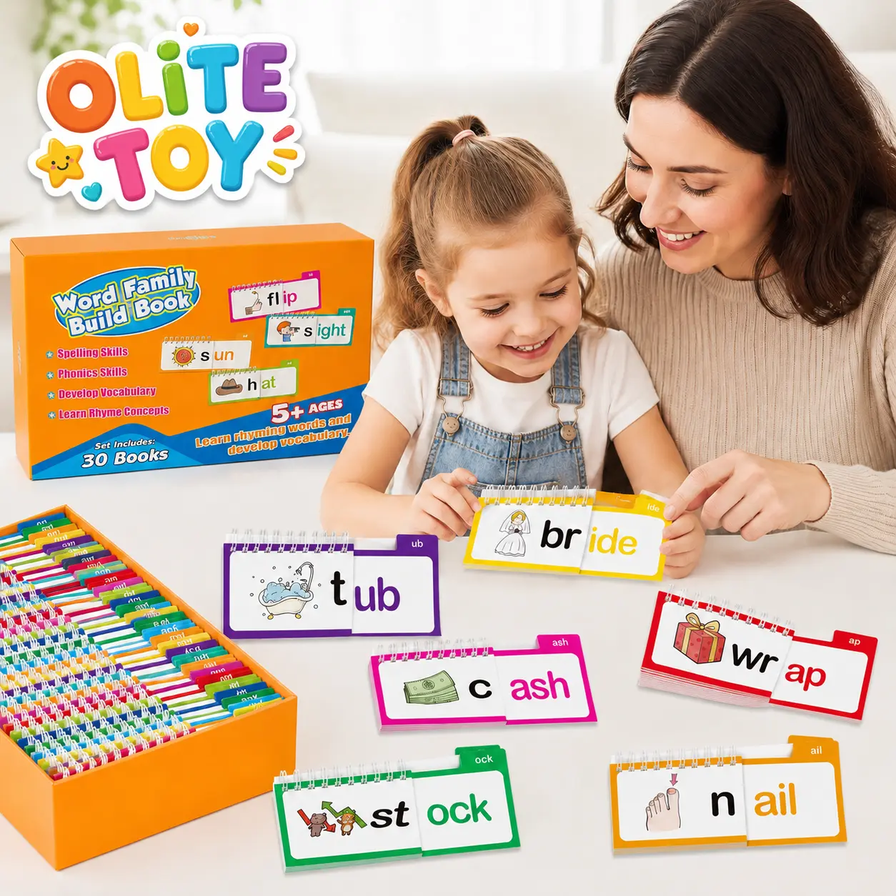 Kids Educational Flash Card Toy Set (30-Piece) - Phonics Books, ABC Alphabet Matching Cards, Word Family Builders, Rhyme & Vocabulary Learning Tools, Gifts