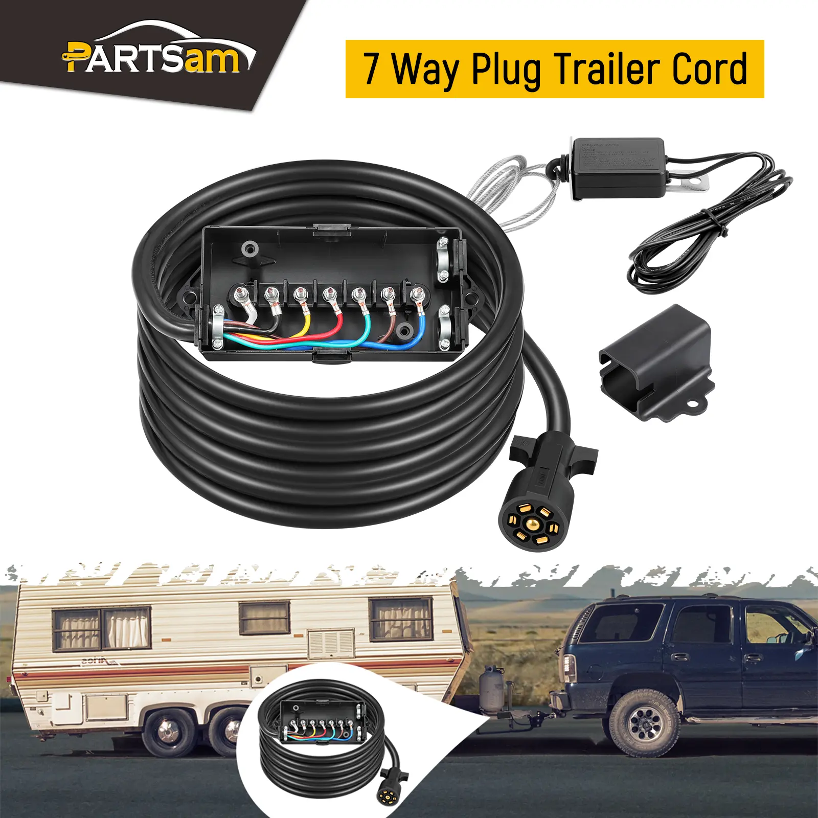Partsam 7-Way Trailer Wiring Harness Towing Kit - 8ft Cord, 12V Breakaway Switch, Plug Holder, Waterproof 7-Gang Junction Box with Corrosion-Resist Sturdy Box, Rubber Gaskets Seal Rain, Auxiliary Power Link for Camper, RV