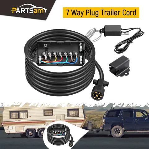 Partsam 7-Way Trailer Wiring Harness Towing Kit - 8ft Cord, 12V Breakaway Switch, Plug Holder, Waterproof 7-Gang Junction Box with Corrosion-Resist Sturdy Box, Rubber Gaskets Seal Rain, Auxiliary Power Link for Camper, RV
