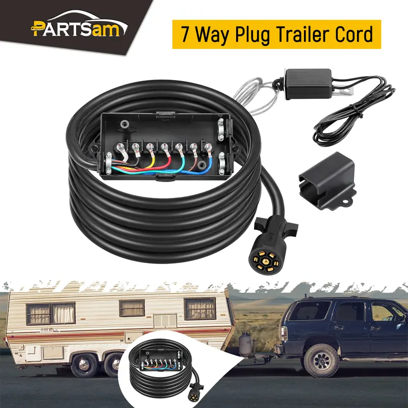Partsam 7-Way Trailer Wiring Harness Towing Kit - 8ft Cord, 12V Breakaway Switch, Plug Holder, Waterproof 7-Gang Junction Box with Corrosion-Resist Sturdy Box, Rubber Gaskets Seal Rain, Auxiliary Power Link for Camper, RV