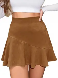 Yousify Women's High-Waisted B Waistline Faux Suede Mini Skirt - Ruffle Accents, Side Zipper, Soft Corduroy Pleats for Fall Fashion Chic | Ruffle, Casual, B Waistline Styles, Skirts, Mini Skirts