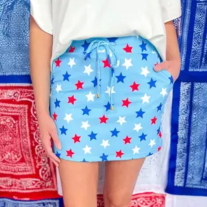 MULLVEIG Women's Sky Blue Patriotic Star Print Drawstring Mini Skort with Pocket 4th of July Independence Day Casual Everyday Summer Outfit