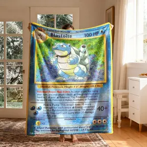 Pokémon Water Arrow Turtle Card Theme Flannel Blanket, Large Size, Soft Lightweight Warm, Perfect for Bed Sofa Office Camping Travel