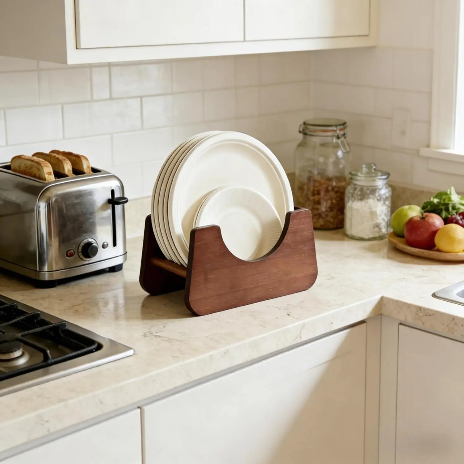 Paper Plate Dispenser，Wood Foam Plate Storage Organizer for 7-10 inch Disposable Plate,Paper Plate Holder for Kitchen Countertop or Outdoor Use