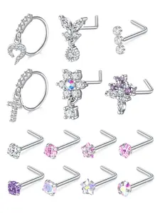 Zircon Decorated Nose Ring, Sparkling Zircon Inlay, L Shape Nose Stud, Stainless Steel Nose Piercing Jewelry, Body Piercing Jewelry for Women & Men, Trendy All-match & Exquisite Jewelry for Birthday Gift