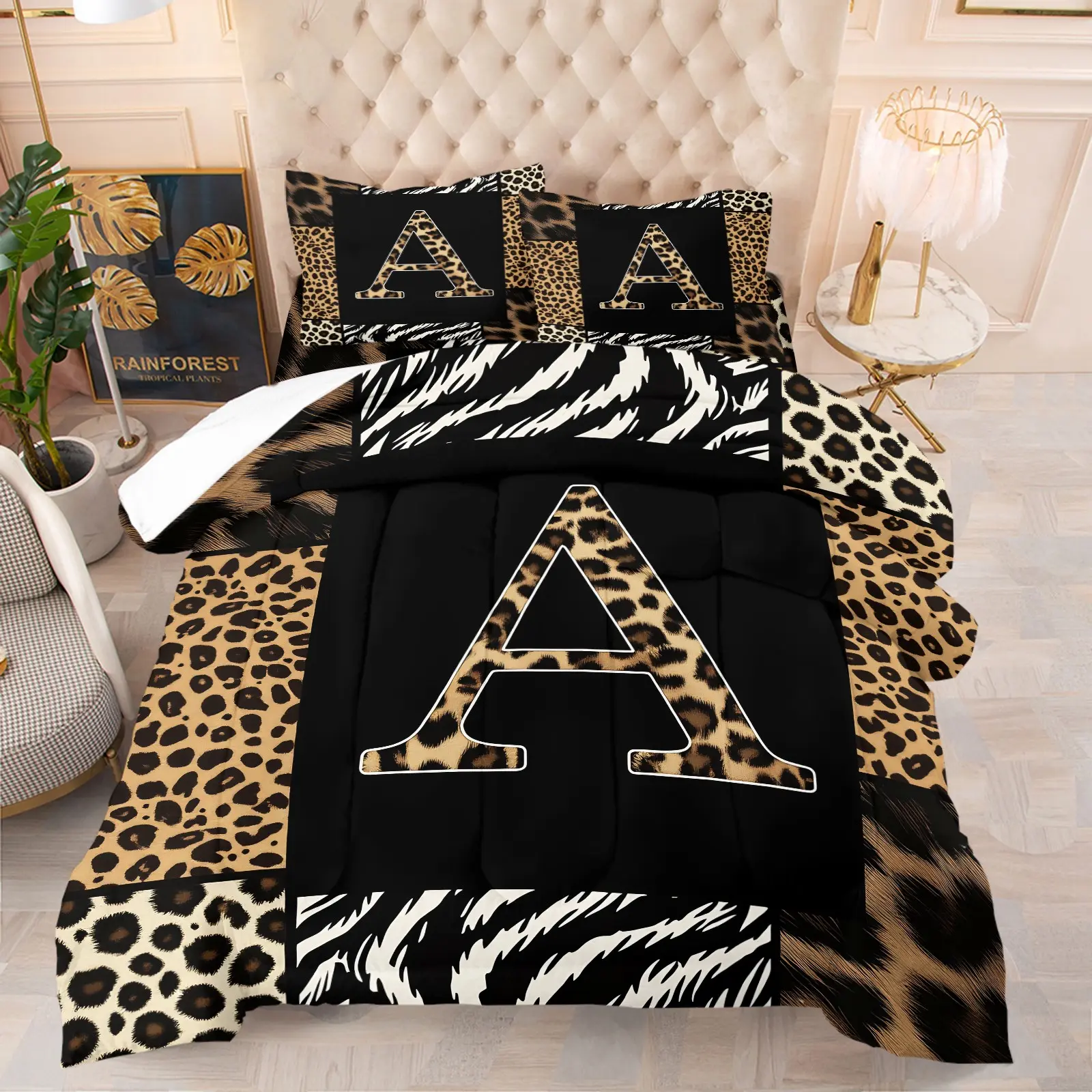 Trendy Customizable Letter A-Z Leopard Print Comforter Set, Includes 1 or 2 Pillowcases, Soft Polyester Fiber Wadding, Bedroom Bed Decor, Custom Birthday Gift, Comfy Bedding Set