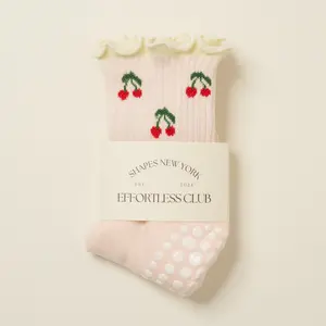 Shapes Studio Effortless Club Crew Half Calf Grip Socks, Cutest Fruits Pilates Socks, Non-Slip Socks, Barre Yoga Fitness, Cherry Printed