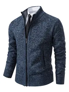 Men's Business Casual Stand Collar Knit Cardigan, Fall Winter Fleece Lined Thick Warm Sweater Coat, Simple Structured Non-Shrink, Versatile Daily Wear