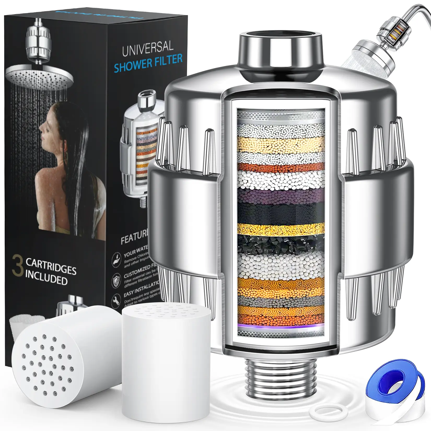1 Count 20 Stage Shower Filter, Shower Head Filter for Hard Water, with 2 Cartridges, Shower Water Filter to Remove Chlorine, Fluoride and Other Impurities, Home Bathroom Accessories, Filtered Showerhead, Filtered Shower Heads
