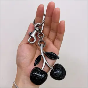 Black Acrylic Cherry Keychain Charm, 1 pc - Resin & Metal DIY Jewelry Accessory for Bags and Crafts, Durable and Easy to Care