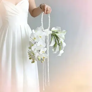 Bridal Bouquet Pearl Wedding Faux Artificial White Flowers , Bouquet Arrangement Indoor Outdoor Decor
