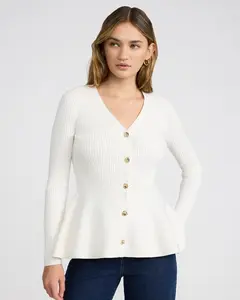 Express Airy Soft V-Neck Novelty Button Peplum Cardigan