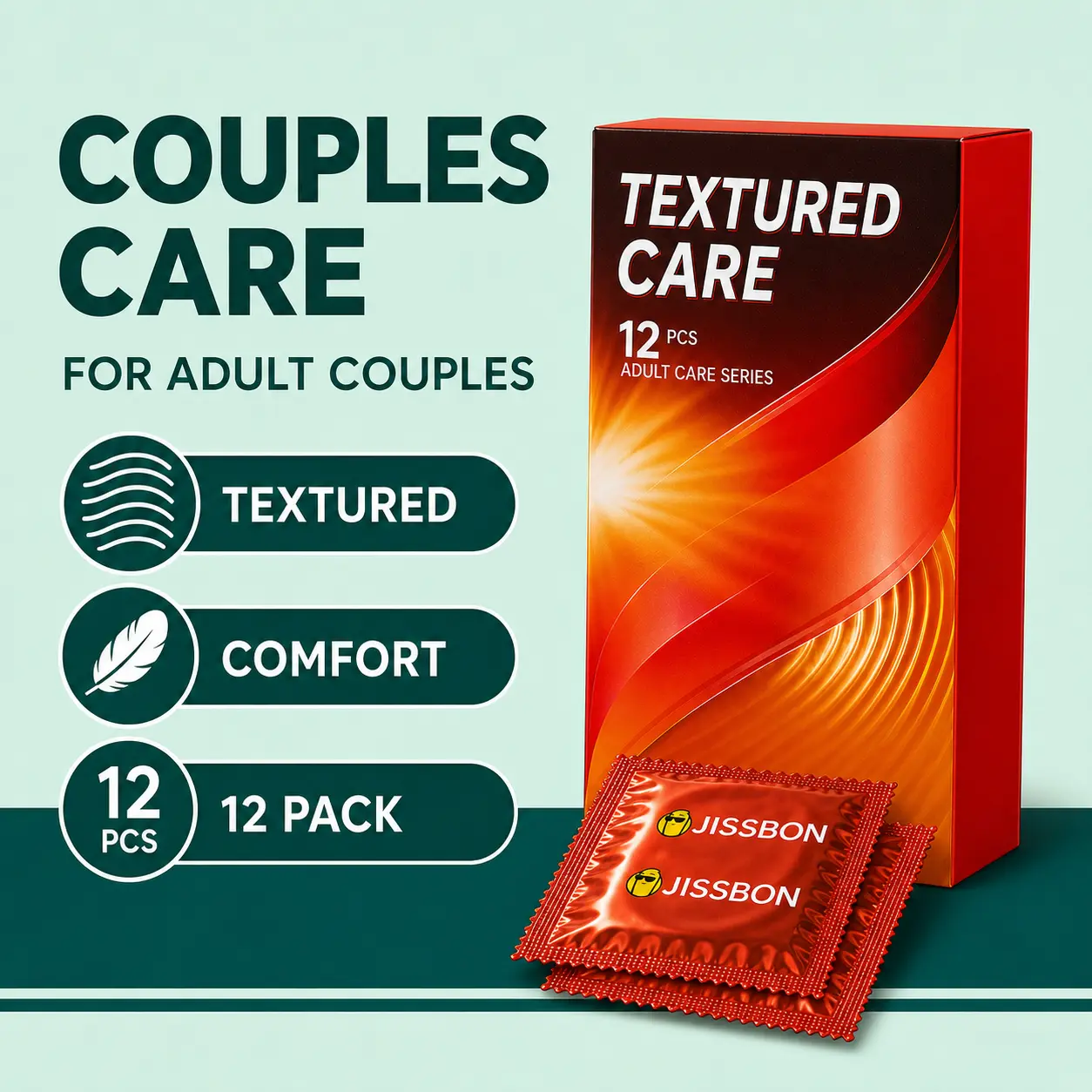 JISSBON Ribbed Condom, 52mm, with Ribbed Design for Double Pleasure and Intense Stimulation Threads! Designed for intense sensory experiences, natural latex