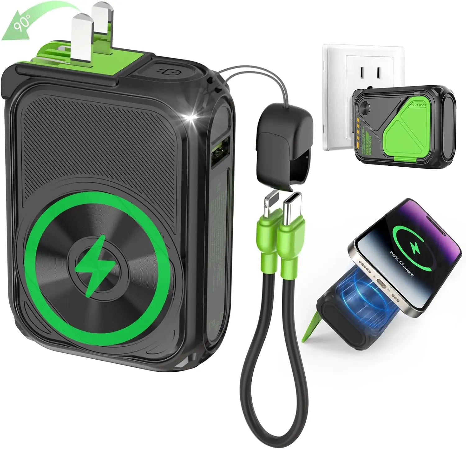 SEANCHEER P05 Portable Charger, Magnetic Power Bank, Small Wireless PowerBank, Battery Pack10000mAh Travel Essentials Fast Charging with Built in Cable, Foldable Wall Plug for iPhone,Samsung,Andriod