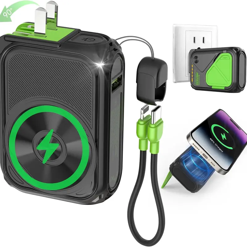 SEANCHEER P05 Power Bank Charger, 10000mAh-20000mAh Magnetic Wireless Portable Battery Power Bank with Built-in Cable, Foldable Wall Plug, Fast Charging - Charge 3 at Once Phone Accessories for iPhone, Samsung (Everyday Carry & International Travel)