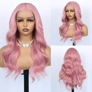 Aodbar hairs Pink Color Long Wavy Wig Heat Resistant Fiber Hair Glueless 13*4 Transparent Lace Wig Pre Plucked Natural Hairline Rose Pink Color Long Loose Wavy Wig for Daily Use, Halloween, or Cosplay