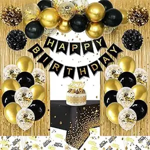 Birthday Decorations for Men Women, Black and Gold Party Decorations, Happy Birthday Banner with Black Gold Balloons Tablecloth Pom Poms Confetti Foil Fringe Curtains, Men Golden Birthday Party Decor