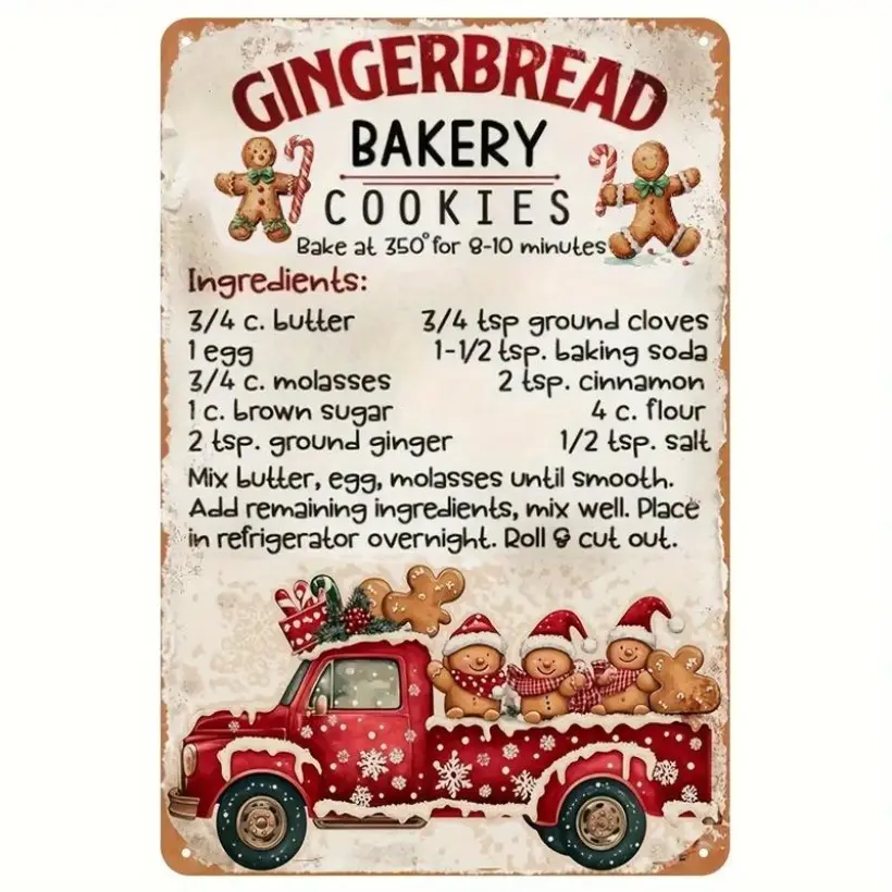 1pc Vintage Christmas Gingerbread Truck Metal Sign - Aluminum Holiday Decor with Red Truck and Gingerbread Cookies - Easy Hang with Pre-Drilled Holes for Indoor Outdoor Kitchen Living Room Bakery Wall Decoration